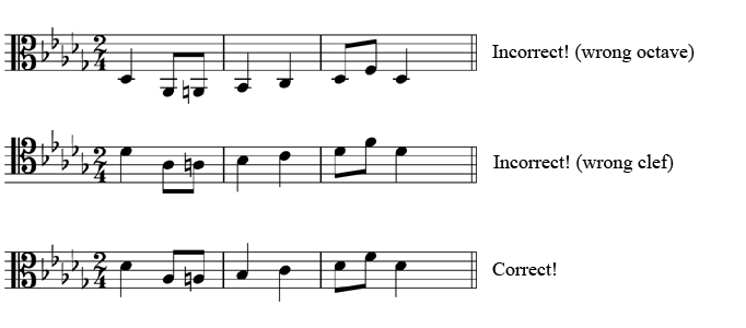 Top: Incorrect! (wrong octave), Middle: Incorrect! (wrong clef), Bottom: Correct!